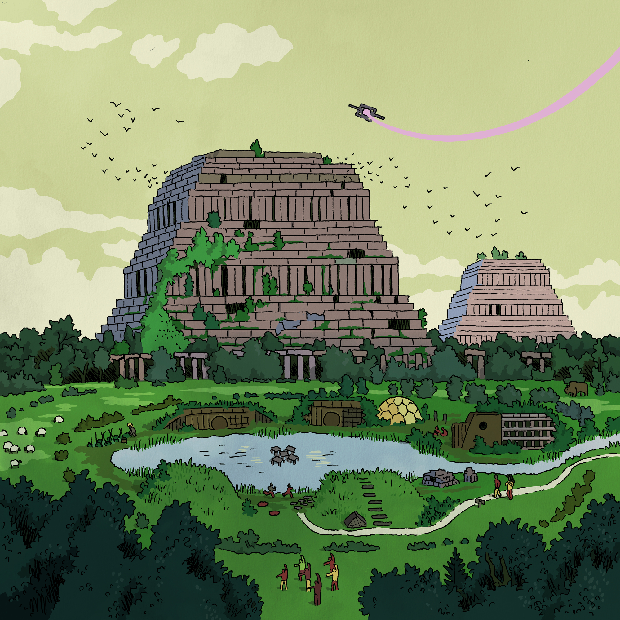 Solarpunk strip Skelte braaksma ecokathedraal Le Roy in het jaar 3000